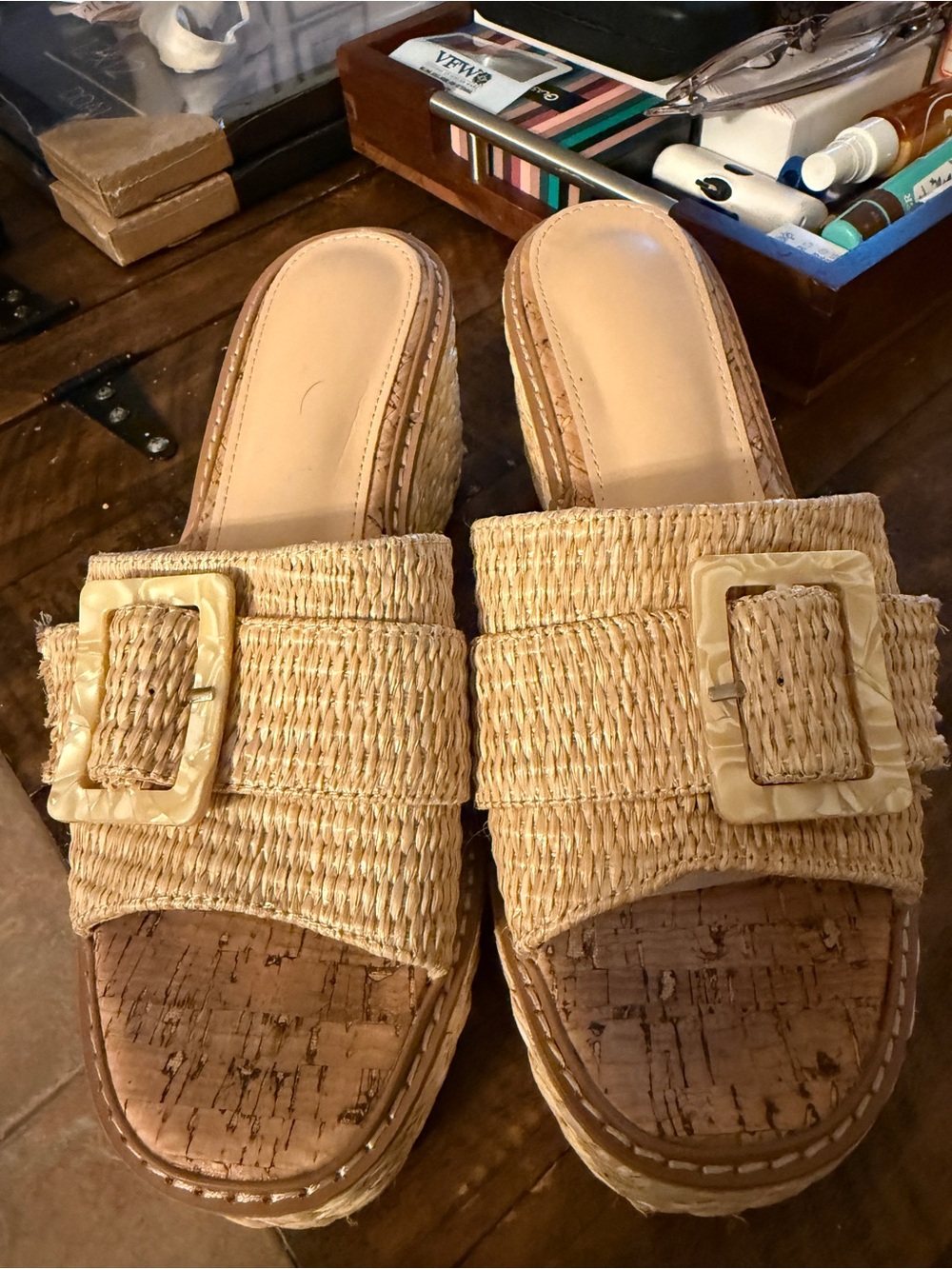 Woven Slide Sandals with Buckle - Beige